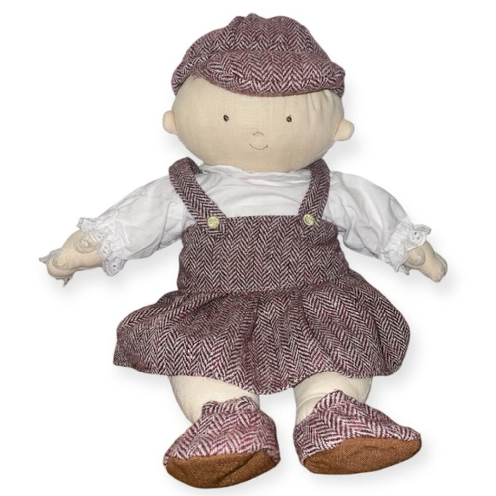 Pottery Barn Kids Soft Body Baby Doll in Tweed Overall Dress with Hat 12”